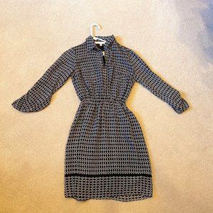 Studio M Ikat Print Navy Blue Collared Dress w/ Roll Sleeves NWT Size S